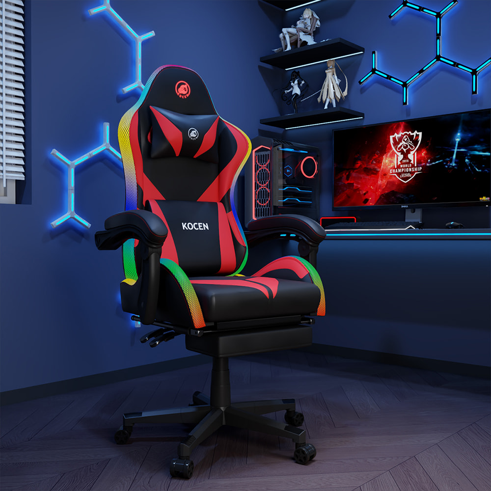 Scaun pentru jocuri din piele PU, scaun Esports cu lumini RGB reglabile multicolore, alimentat prin USB, telecomanda