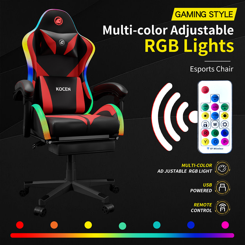 Scaun pentru jocuri din piele PU, scaun Esports cu lumini RGB reglabile multicolore, alimentat prin USB, telecomanda