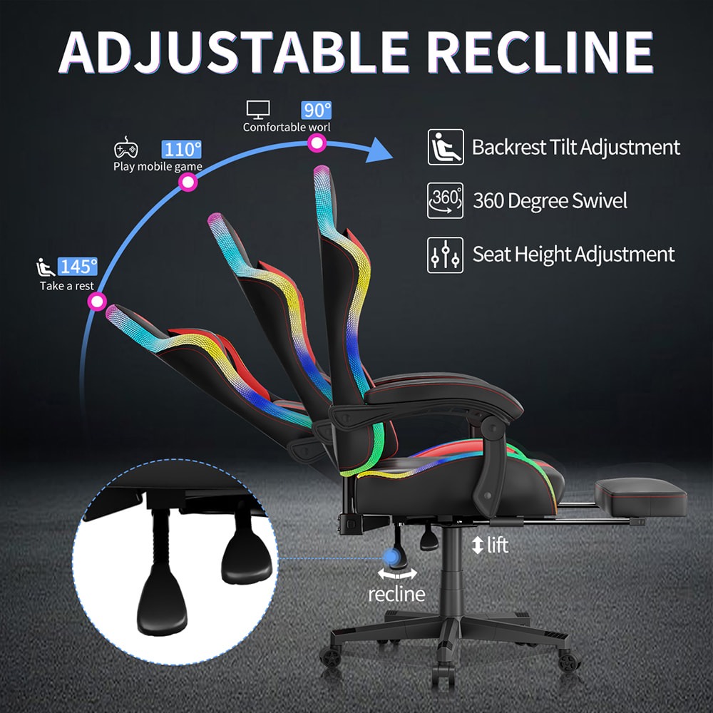 Scaun pentru jocuri din piele PU, scaun Esports cu lumini RGB reglabile multicolore, alimentat prin USB, telecomanda