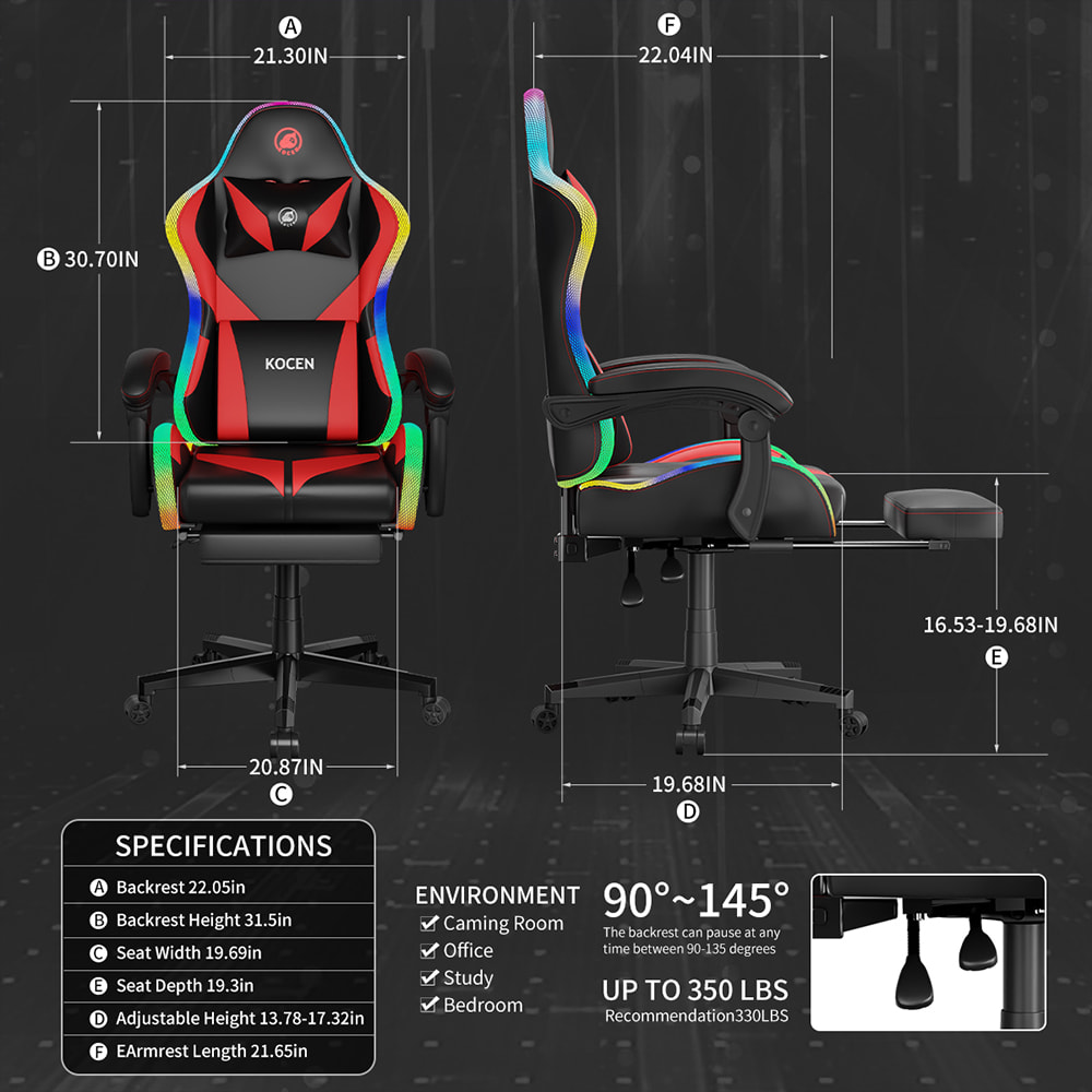 Scaun pentru jocuri din piele PU, scaun Esports cu lumini RGB reglabile multicolore, alimentat prin USB, telecomanda