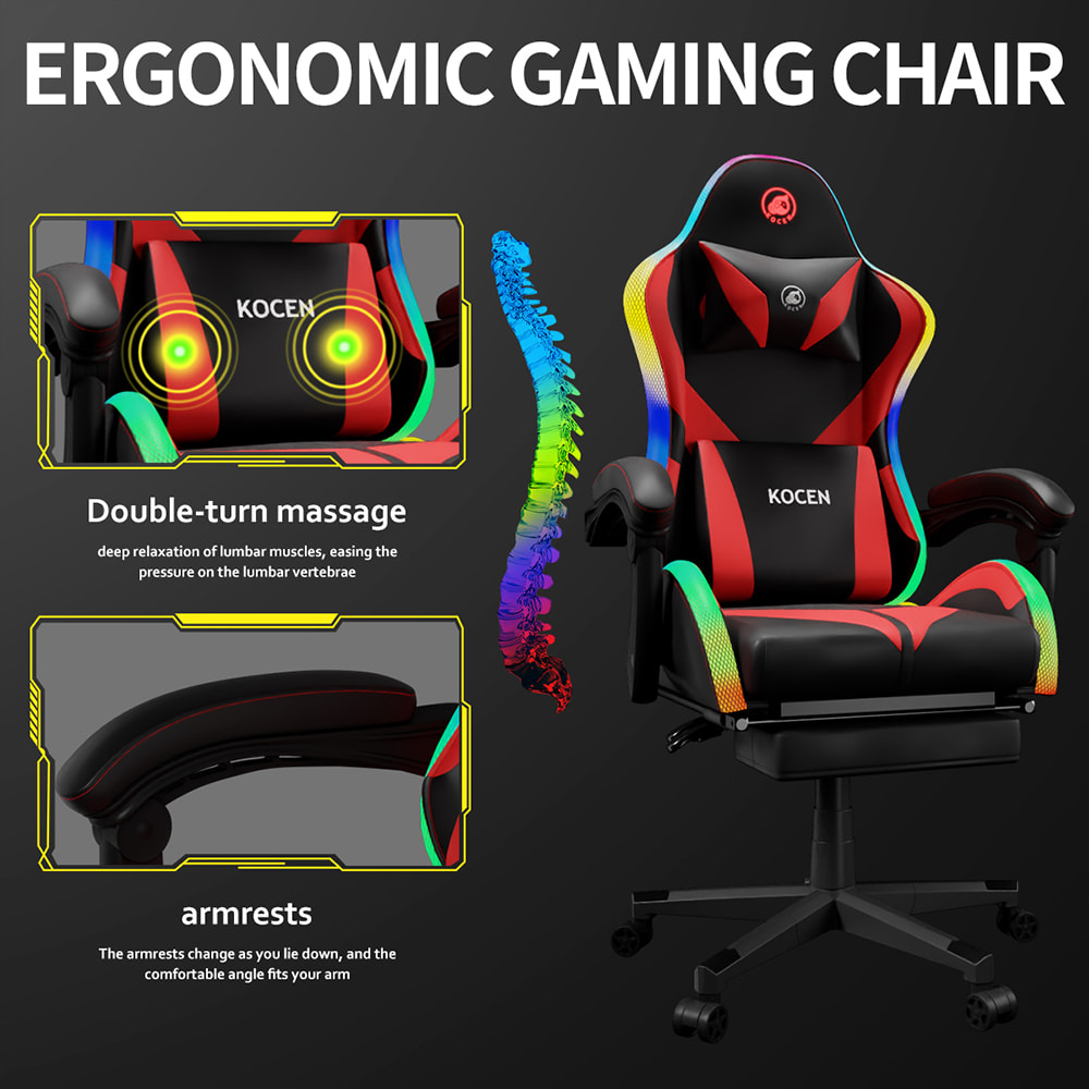 Scaun pentru jocuri din piele PU, scaun Esports cu lumini RGB reglabile multicolore, alimentat prin USB, telecomanda
